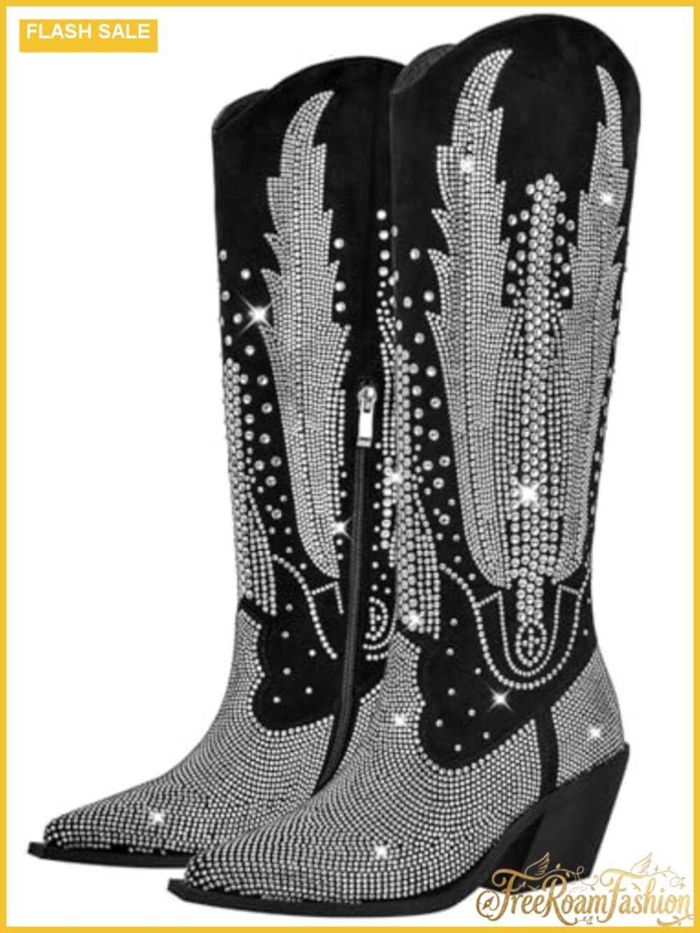 Knee High Cowboy Boots Women Rhinestone Pointed Toe Chunky Heel Pull On Western
